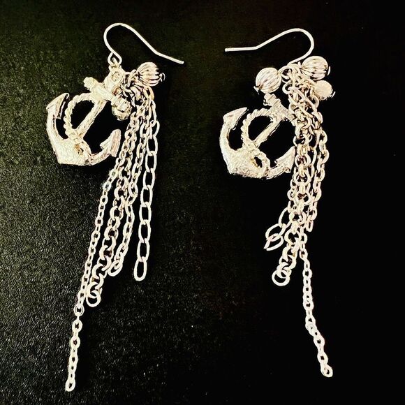 Nautical Anchor Dangle Earrings Drop Pierced Silver Tone Chains 3.5” - Picture 1 of 4